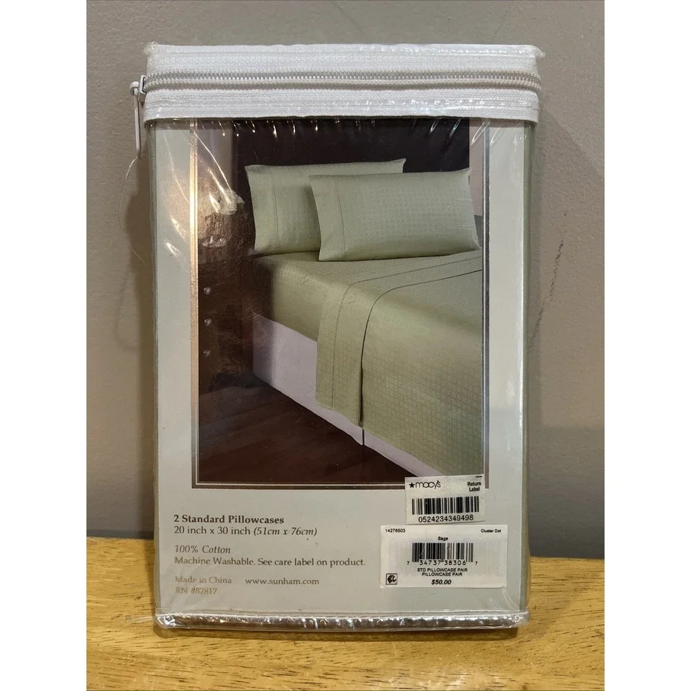 Sunham 350 TC Pillowcases in Sage Green Block Stitching Standard 20x30